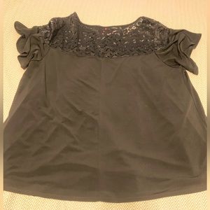 AMANA black top with lace illusion neckline. Flutter sleeves. Size 3x.